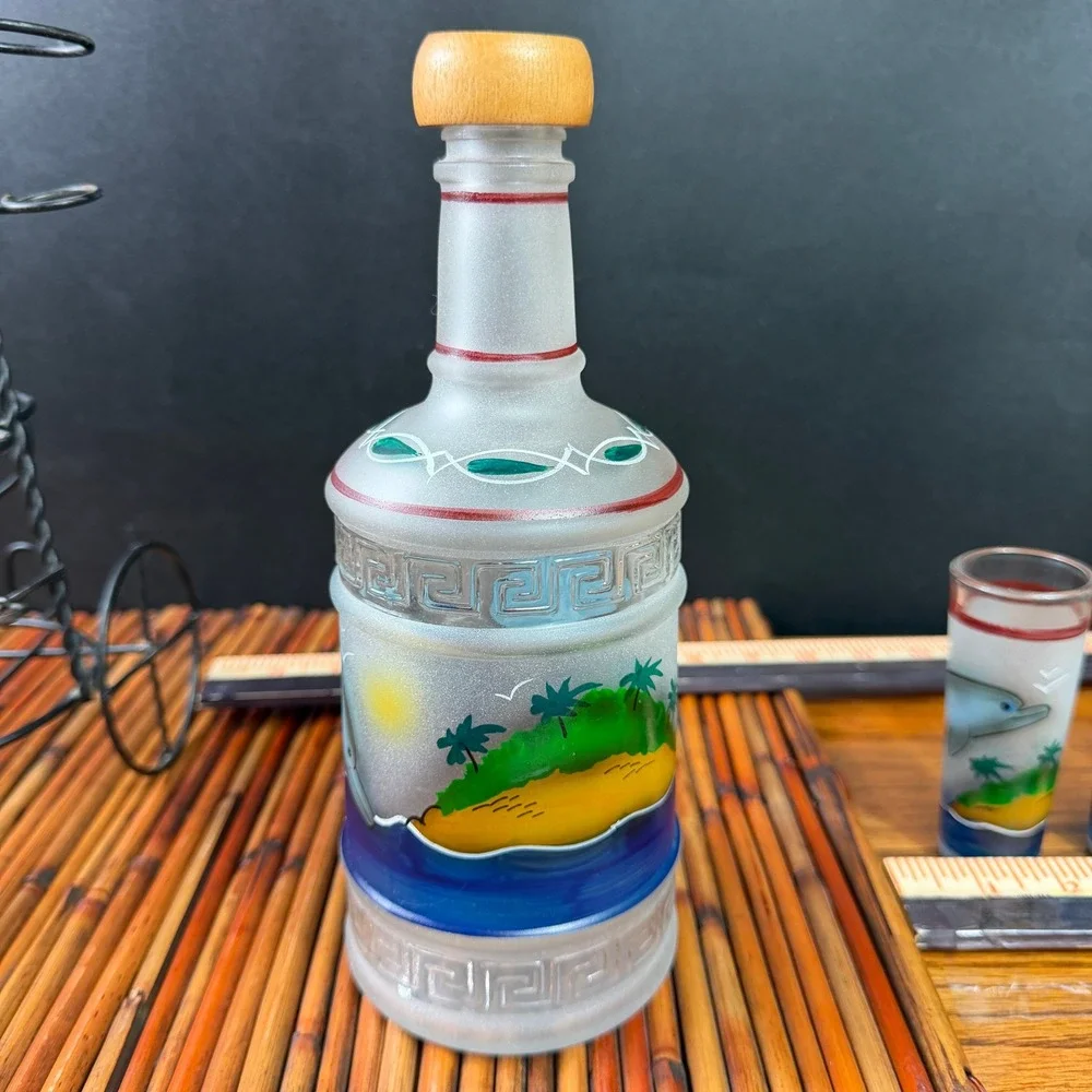 Dolphin Hand painted Decanter Set Rack w 6 shot glasses Island Tequila Tiki Set